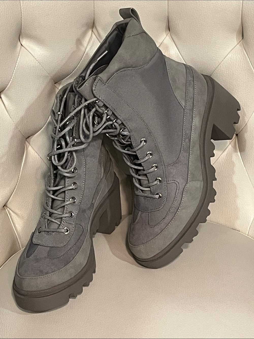 JustFab Gray Suede Lace-Up Lug Boots Size 8 and 8.5 Available Eye Catching